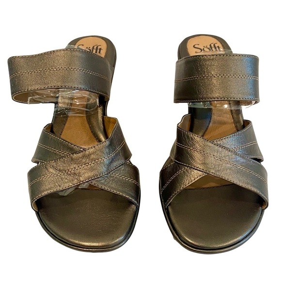LIKE NEW - SOFT - Pewter Leather & Cork Wedge Two Strap Slip-on Sandals Size 10 - Picture 1 of 9